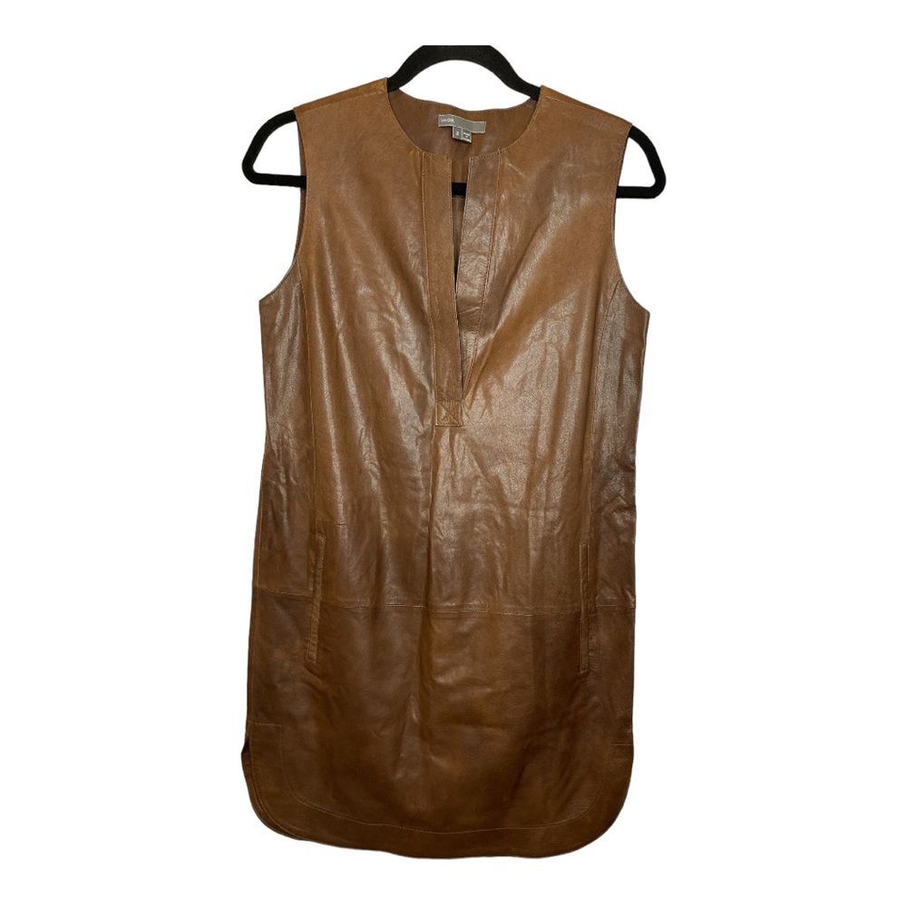 Vince Dress Women's 2 Leather Brown Sleeveless Dress with pockets
